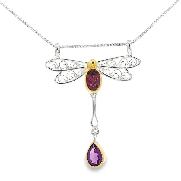 MICHOU  Dragonfly Necklace, Sterling Silver, 22KT Yellow Gold Vermeil, African Amethyst, Rhodolite Garnet, 18