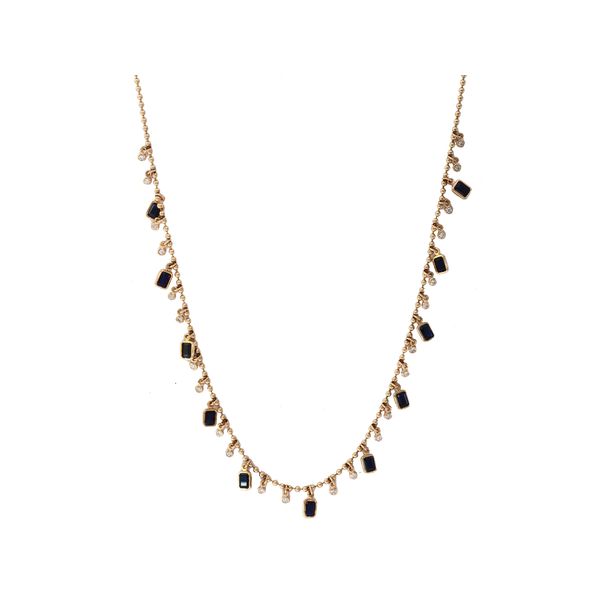Sapphire & Diamond Bezel Set Dangle Station Necklace | 14KT Yellow Gold | Barnes Jewelers Goldsboro NC Barnes Jewelers Goldsboro, NC