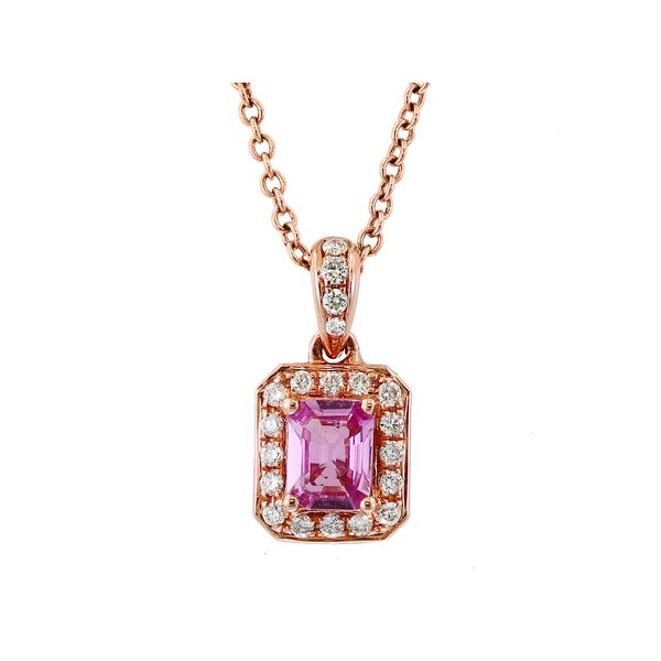 Pink Sapphire & Diamond Halo Necklace | 14KT White Gold | Barnes Jewelers Goldsboro NC Barnes Jewelers Goldsboro, NC