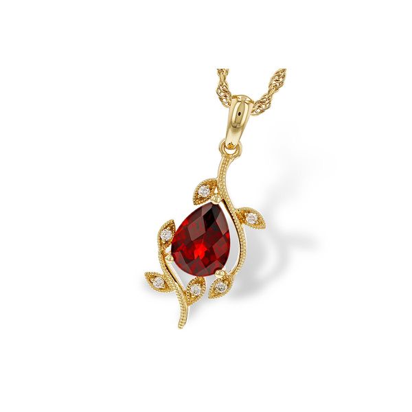 Garnet & Diamond Floral Halo Necklace | 14KT Yellow Gold | Barnes Jewelers Goldsboro NC Barnes Jewelers Goldsboro, NC