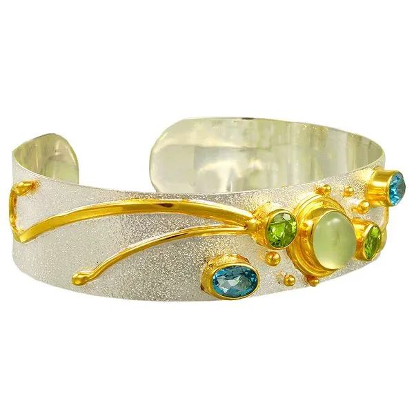 MICHOU  Multi-Stone Cuff Bracelet, Sterling Silver and 22KT Gold Vermeil, Prehnite, Peridots and Baby Blue Topaz  133044 Barnes Jewelers Goldsboro, NC