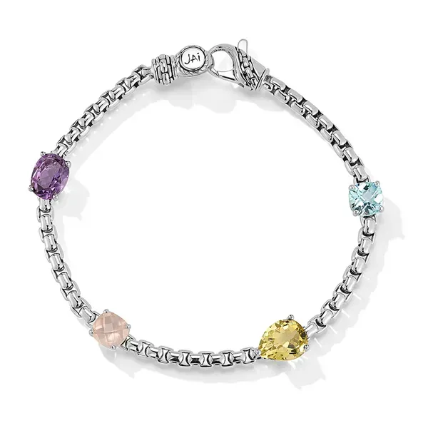 JAI  Multi-Colored Stone Box Chain Bracelet, Sterling Silver, SEA, Amethyst, Rose Quartz, Blue Topaz, Olive Quartz, 7.75