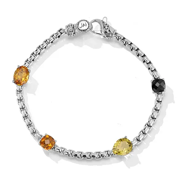 JAI  Multi-Colored Stone Box Chain Bracelet, Sterling Silver, FOREST, Black Spinel, Olive Quartz, Citrine, Cognac Quartz, 7.75