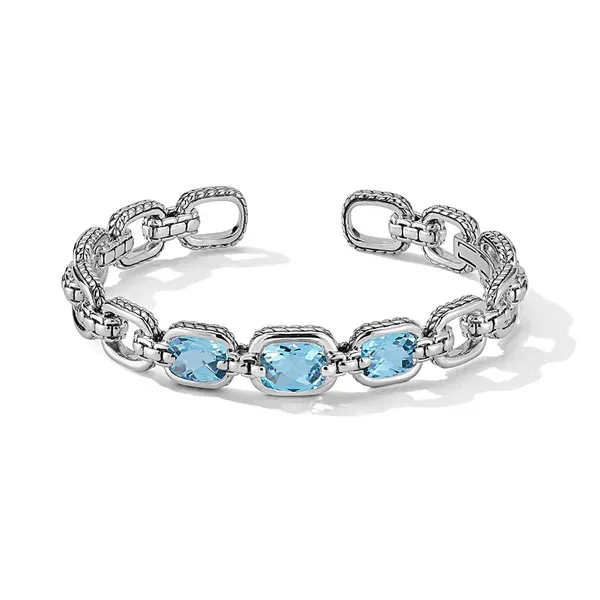 JAI  Blue Topaz Statement Link and Box Chain Cuff Bracelet, Sterling Silver, 10MM X 8MM Cushion Blue Topaz, Medium, 7.75