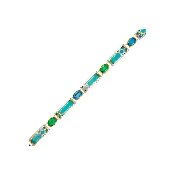 MICHOU  Sea Life Bracelet, Sterling Silver and 22KT Gold Vermeil, Amazonite, Checkerboard Cut Crystal Quartz, Mother of Pearl, Baby Blue Topaz and Sky Barnes Jewelers Goldsboro, NC