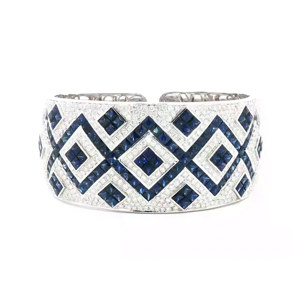 SOPRAFFINO  Geometric Sapphire and Diamond Wide Cuff Bracelet, 14KT White Gold, 30.48TGW Princess Blue Sapphires, 7.61CTTW Round Diamonds, Color: G/H, Barnes Jewelers Goldsboro, NC