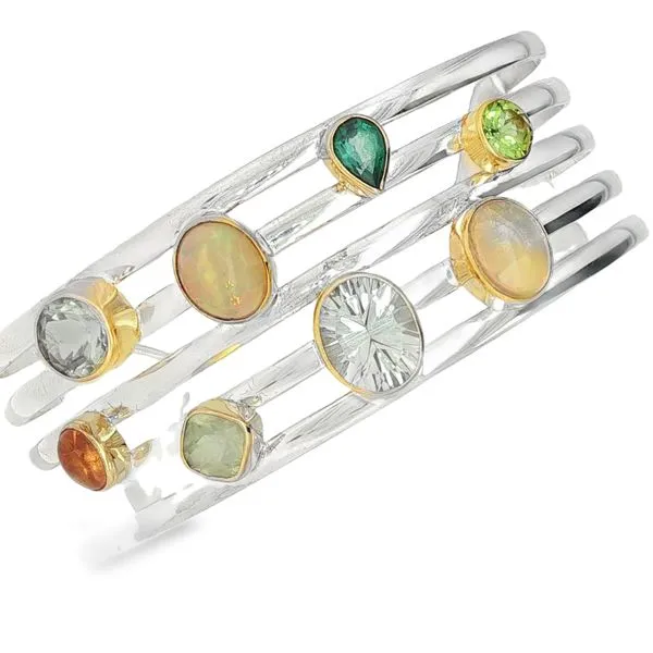 MICHOU  Multi-Colored Bezel Set Stone Cuff Bracelet, Sterling Silver, 22KT Yellow Gold Vermeil, Green Amethyst, Green Quartz, Ethiopian Opal, Peridot, Barnes Jewelers Goldsboro, NC