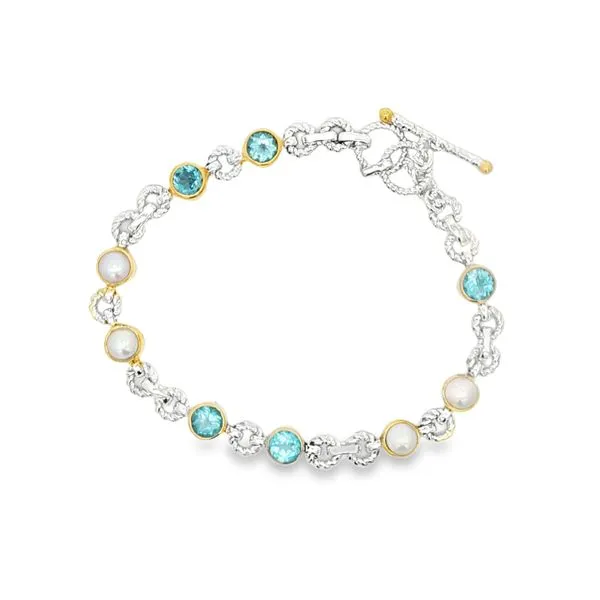MICHOU  White Freshwater Pearl and Baby Blue Topaz Bracelet, Sterling Silver and 22KT Gold Vermeil, 18