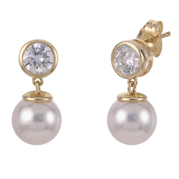 Imperial Akoya Pearl & Lab Grown Diamond Dangle Earrings | 14KT Yellow Gold | Barnes Jewelers Goldsboro NC Barnes Jewelers Goldsboro, NC