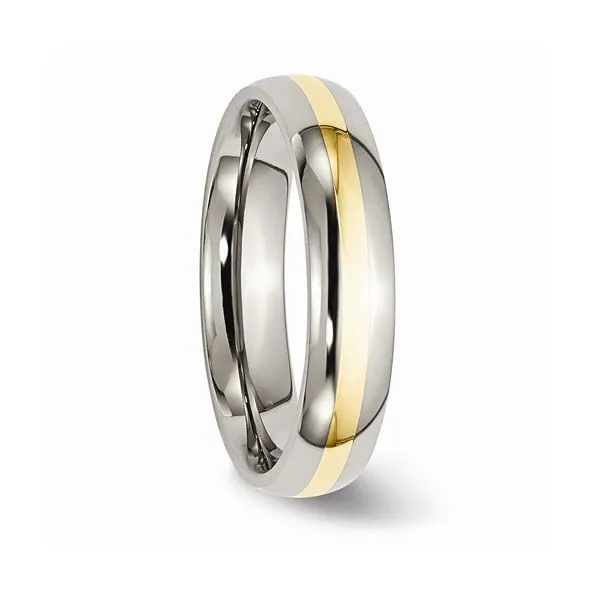 5mm Titanium Wedding Band Size 7 with 14KY Inlay. Barnes Jewelers Goldsboro, NC
