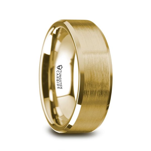 Gold Plated Tungsten Beveled Polished Edges Flat Ring with Brushed Center - 8mm, Size 10.5. Barnes Jewelers Goldsboro, NC