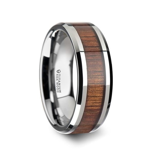 Titanium Polished Finish Koa Wood Inlaid Men’s Wedding Ring with Beveled Edges - 8mm, Size 10. Available in Sizes 5-15. Barnes Jewelers Goldsboro, NC