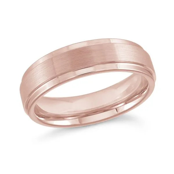 MALO  Brushed Tungsten Wedding Band with Beveled Edge, Rose Gold IP Plated, 6MM, Size 10  TG-033 Barnes Jewelers Goldsboro, NC
