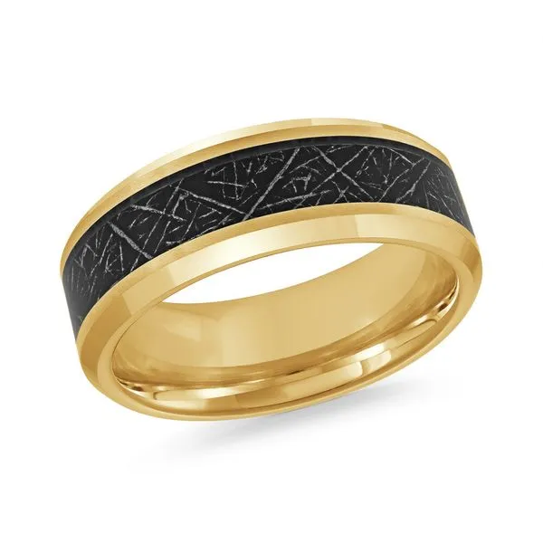 MALO  Gold Plated Tungsten Wedding Band with Black Tungsten Inlay, Yellow Gold IP Plated, 8MM, Size 10  TG-053 Barnes Jewelers Goldsboro, NC