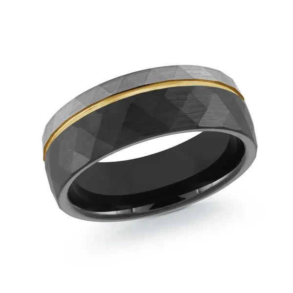 MALO  Diamond Patterned Tungsten Wedding Band, Black, Yellow Gold Plated and White, 8MM, Size 10  TG-079 Barnes Jewelers Goldsboro, NC