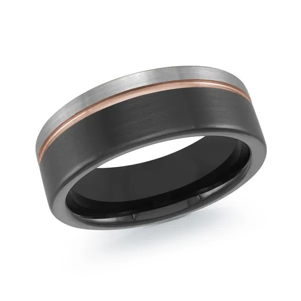 MALO  Brushed Flat Tungsten Wedding Band, Black, Rose Gold Plated and White, 87MM, Size 10  TG-087 Barnes Jewelers Goldsboro, NC