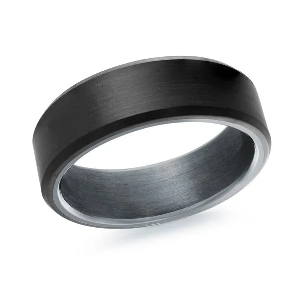 MALO  Satin Flat Tantalum Wedding Band with Carbon Fiber Beveled Edge, 7MM, Size 10  TANT-023-7 Barnes Jewelers Goldsboro, NC