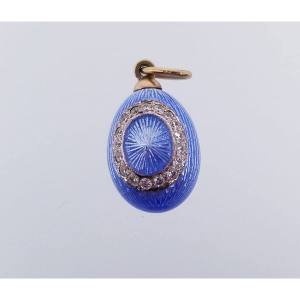 Yellow Gold Plated  3-D Oval Blue Enamel Pendant with Crystals Barnes Jewelers Goldsboro, NC