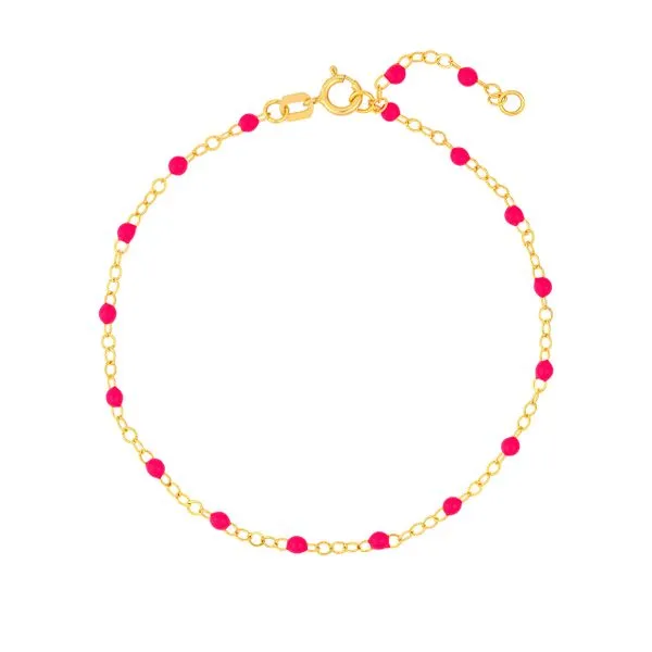 MIDAS  Neon Pink Enamel Beaded Station Bracelet, 14KT Yellow Gold, Adjustable, 7.5