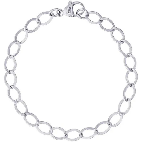 Rhodium Sterling Silver Dapped Curb Link Classic Charm Bracelet. Polished, Lobster Clasp,  Length 7