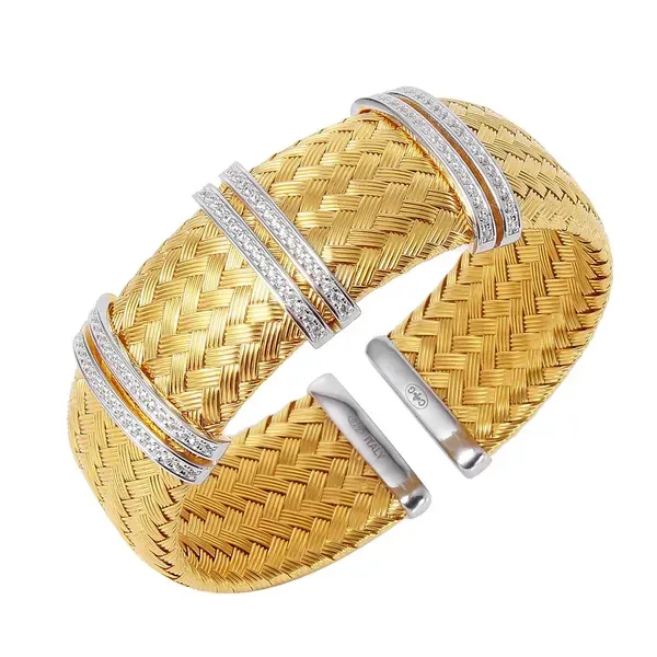 CHARLES GARNIER Wide Woven CZ Cuff Bracelet Sterling Silver 18KT Yellow Gold Plated 23MM MLC8194YWZ