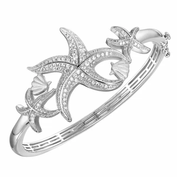ALAMEA  Starfish and Seashell Bangle, Sterling Silver, Rhodium, CZ  253-14-01 Barnes Jewelers Goldsboro, NC