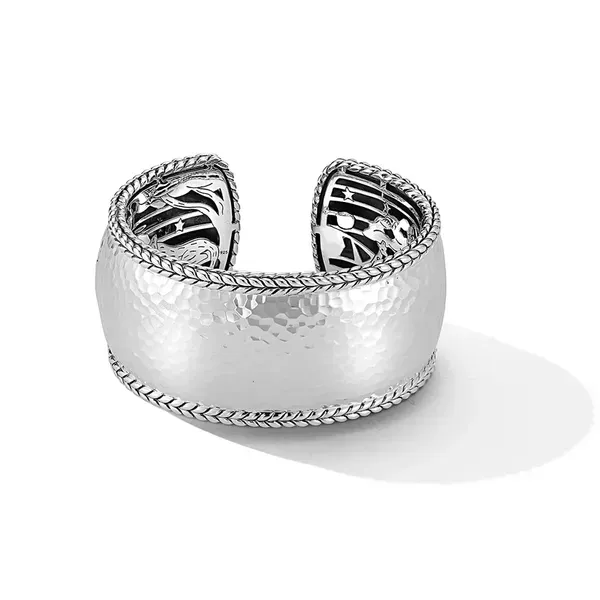 JAI  Hammered Wide Cuff Bracelet with Basketweave Edge, Sterling Silver, 35MM, Medium, 7.75
