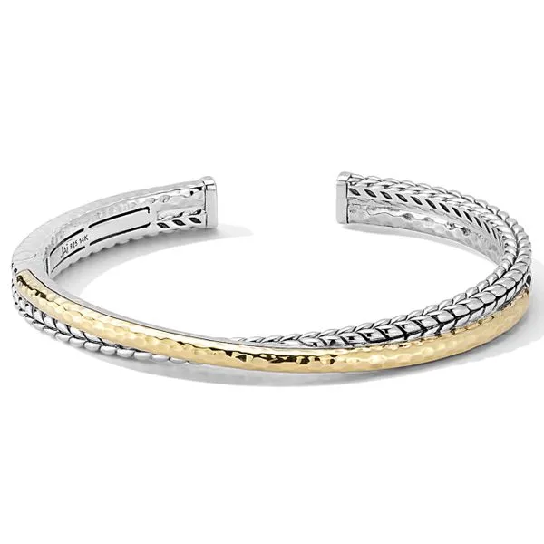 JAI  Hammered and Basketweave Crossover Cuff Bangle, Sterling Silver and 14KT Yellow Gold, 6.5MM, Medium, 7.75