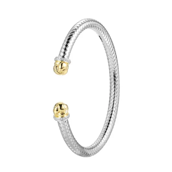 CHARLES GARNIER  Knot End Woven Cuff Bracelet, Sterling Silver, Rhodium and Yellow Gold Finish, 5MM  CB0064 Barnes Jewelers Goldsboro, NC