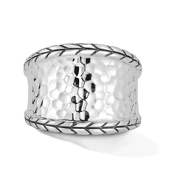 JAI  Hammered Saddle Ring with Basketweave Edge, Sterling Silver, 17MM Tapered, Size 7  JJH3008R-7 Barnes Jewelers Goldsboro, NC