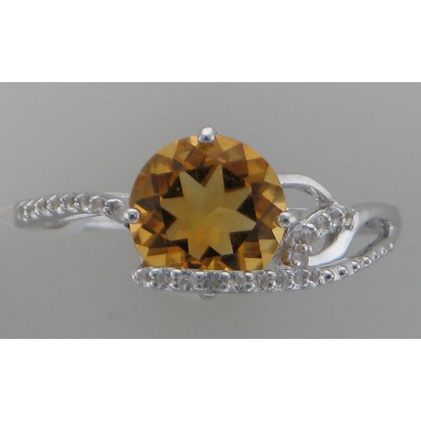 Rhodium Sterling Silver Ring W/ One Round 8mm Citrine 1.45ct and Round White Topazs 0.08tw.  Size 7 Image 2 Barnes Jewelers Goldsboro, NC