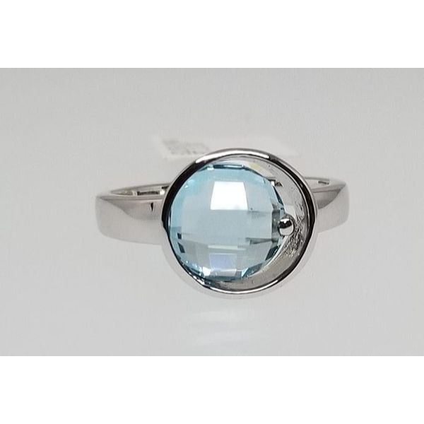 Rhodium Sterling Silver Ring  with One Round 2.33 ct  Blue Topaz with Checkerboard top. Size 8 Barnes Jewelers Goldsboro, NC