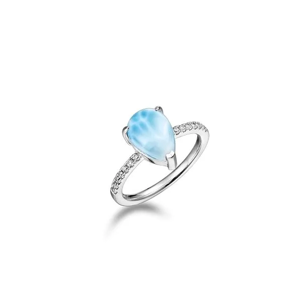 ALAMEA  Pear Shaped Larimar and CZ Ring, Sterling Silver, Rhodium, Size 7  796-83-05 Barnes Jewelers Goldsboro, NC