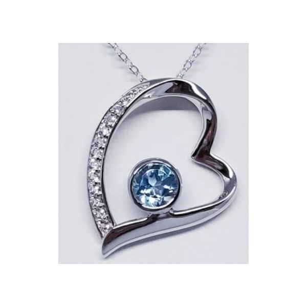 Rhodium Sterling Silver Necklace with Floating Heart, One Round Blue Topaz 1.02ct and White Topazs 0.19tw. Length 16