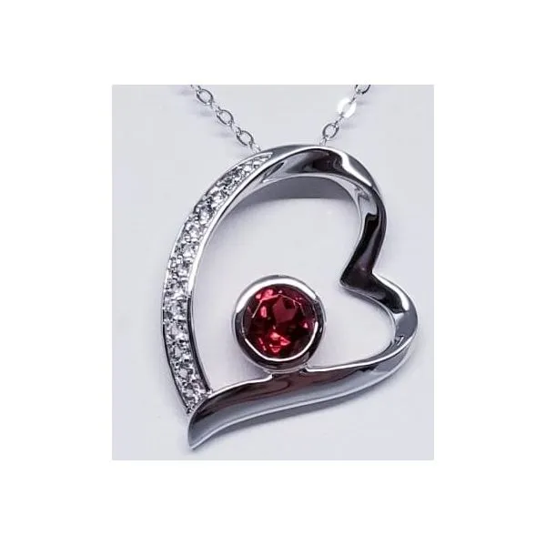 Rhodium Sterling Silver Necklace with Floating Heart Pendant One Round Garnet 1.21ct and White Topazs 0.19tw. Length 16