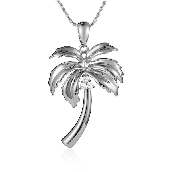 ALAMEA  Palm Tree Pendant, Sterling Silver, Rhodium, Cubic Zirconia,18