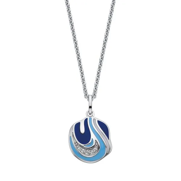 BERCO  Blue Wave Enamel Necklace, Sterling Silver, Rhodium, White Topaz, 18
