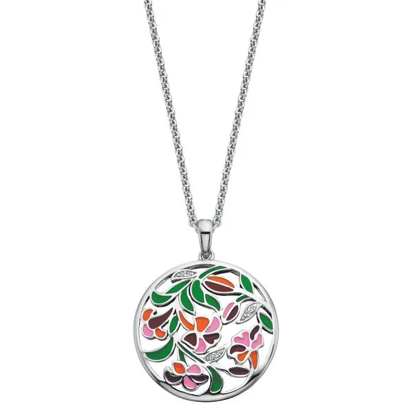 BERCO  Pink Floral Enamel Necklace, Sterling Silver, Rhodium, White Topaz  SSA2317WT Barnes Jewelers Goldsboro, NC