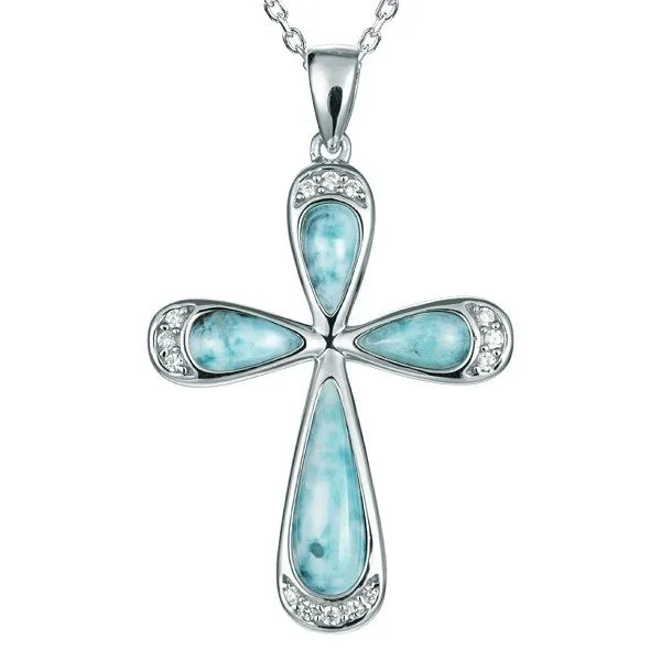 ALAMEA   Cross Necklace, Sterling Silver, Rhodium, Larimar, 18