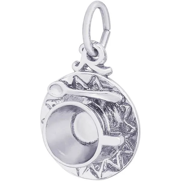 Rhodium Sterling Silver 3-D Cup & Saucer & Spoon Charm. Barnes Jewelers Goldsboro, NC