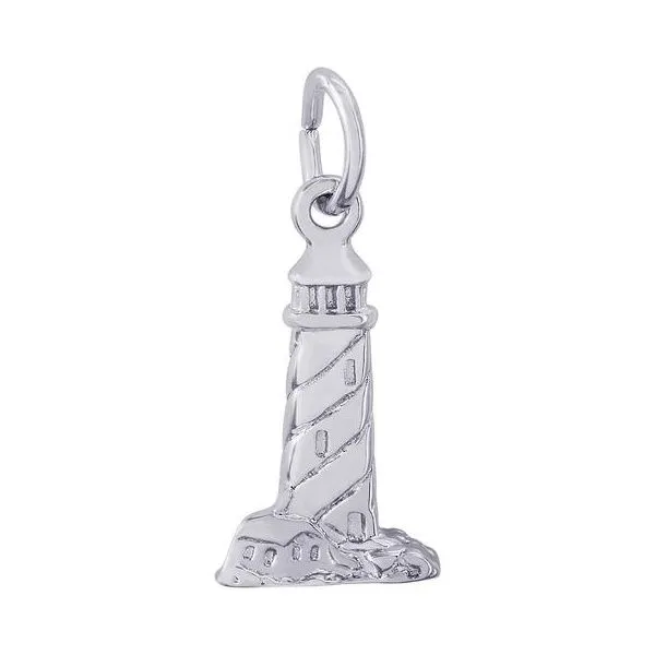 Rhodium Sterling Silver Lighthouse Charm/pendant, 14.5mm  x 10.4mm. Barnes Jewelers Goldsboro, NC