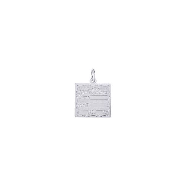 Rhodium Sterling Silver Birth Certificate Charm. 19.5mm x 18.3mm, Polished, Engravable. Barnes Jewelers Goldsboro, NC