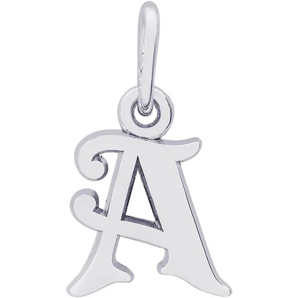 Rhodium Sterling Silver Curly  Initial A charm. Polished. 0.42