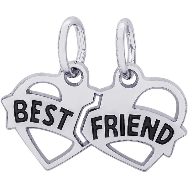 Rhodium Sterling Silver Best Friends Hearts Charm. Break apart. Engrave on back Barnes Jewelers Goldsboro, NC