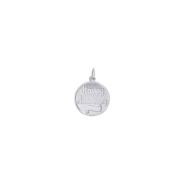 Rhodium Happy Anniversary Disc Charm. 19.5mm, Polished, Engravable. Barnes Jewelers Goldsboro, NC