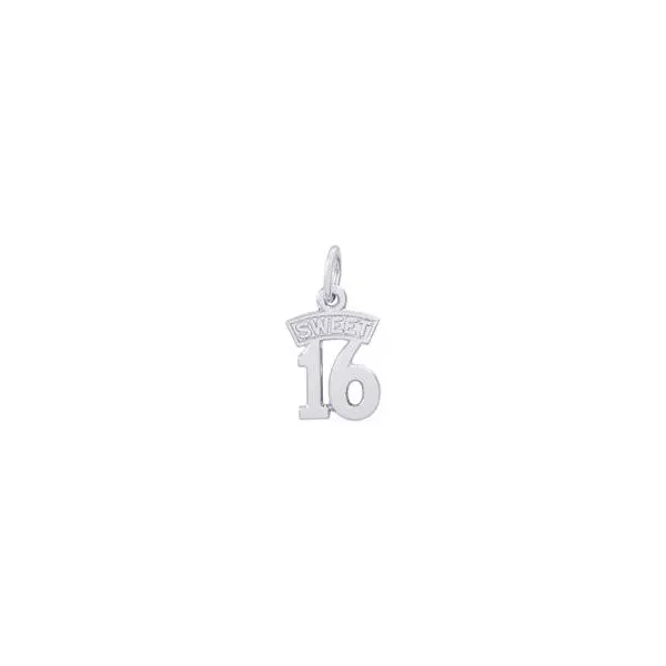 Rhodium Sterling Silver Sweet 16 Charm. Polished,  Not engravable. 0.49 x 0.43. Barnes Jewelers Goldsboro, NC