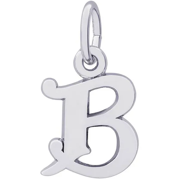Rhodium Sterling Silver Curly Initial  B  Charm. Polished. 0.42