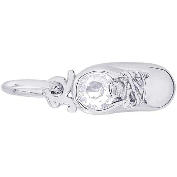 Rhodium Sterling Silver Baby Shoe Charm, April, Polished, Engravable, Barnes Jewelers Goldsboro, NC
