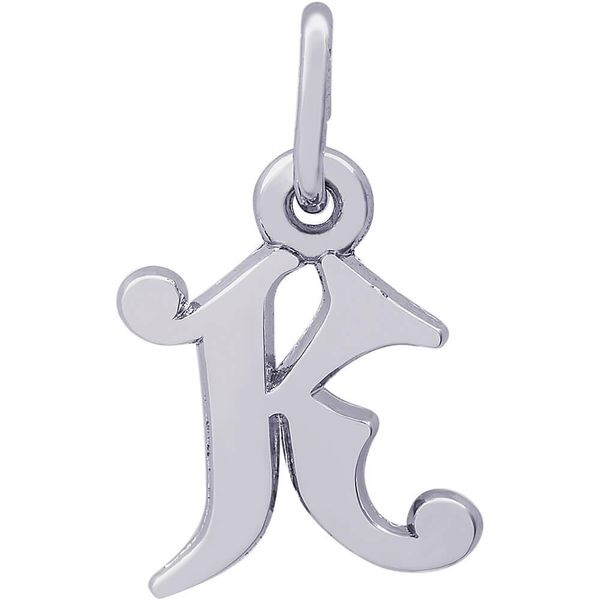 Rhodium Sterling Silver Curly Initial  K  Charm. Polished, 0.42