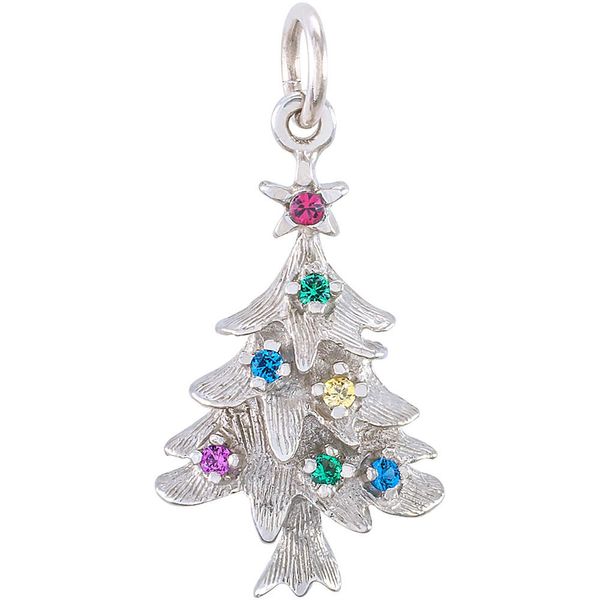 Rhodium Sterling Silver Christmas Tree Charm/Pendant  w/Ornaments  (colored beads).  0.85